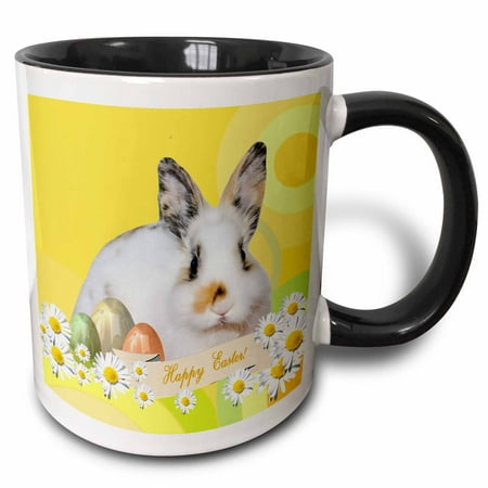 

3dRose Calico Bunny Rabbit with Daisy Flowers and Three Easter Eggs Happy Easter - Two Tone Black Mug 11-ounce