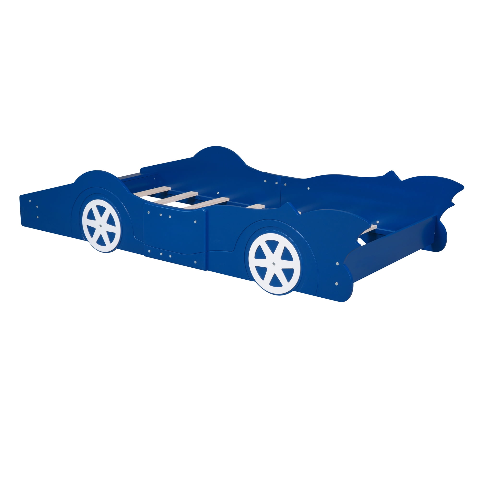 Solid Wood Race Car-Shaped Platform Bed with Wooden Slats, Bed with Wheels, Platform Bed with Headboard and Footboard, No Box Spring Needed (Blue,Twin)