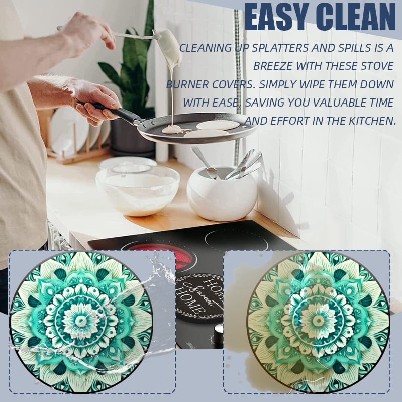4 Pieces Wine Round Stove Burner Covers Set, Teal Mandala with Intricate Patterns Gas Stove Burner Covers Expands Usable Space for kitchen, 2 Pieces 8 Inches and 2 Pieces 10 Inches