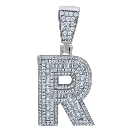 925 Sterling Silver Mens Baguette Cubic-Zirconia Initial Alphabet R Charm Pendant