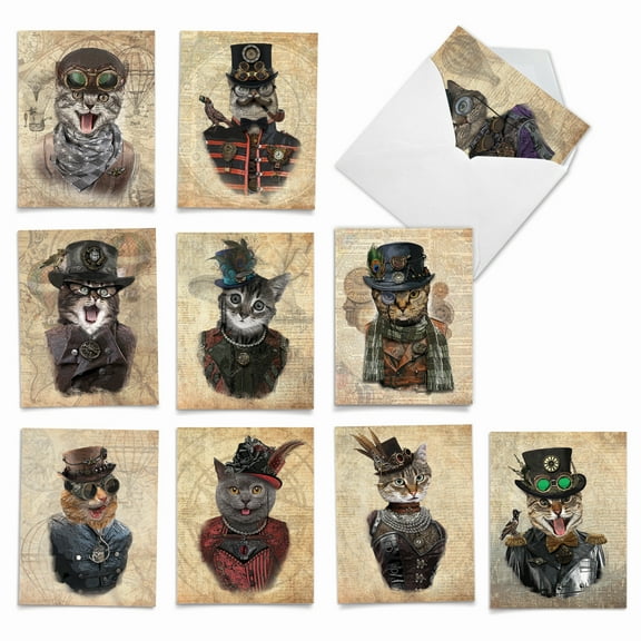 10 Thank You Note Cards Pack (4 x 5.12 Inch) - STEAMPUNK CATS M6554TYG
