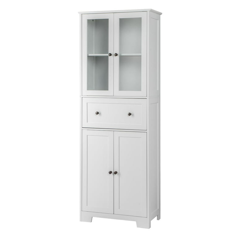 UBesGoo 64 Tall Storage Cabinet Bathroom Linen Closet Storage Tower Cabinet  Organizer with 2 Glass Doors Cabinets & Large Drawer for Kitchen Living  Room Bedroom Laundry Room Entryway Office, White 