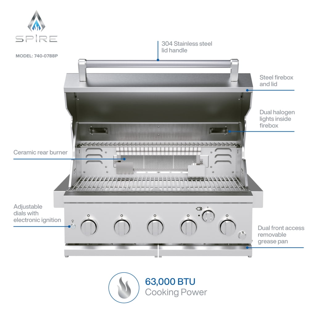 Spire Premium 5 Burner Built In Gas Grill Island Head, Stainless Steel 30 Inch Barbeque Grill with Rear Burner, 63,000 BTUs, 750 SQ In Racks, Propane Grill with Dual Fuel Compatibility - 740-0788P