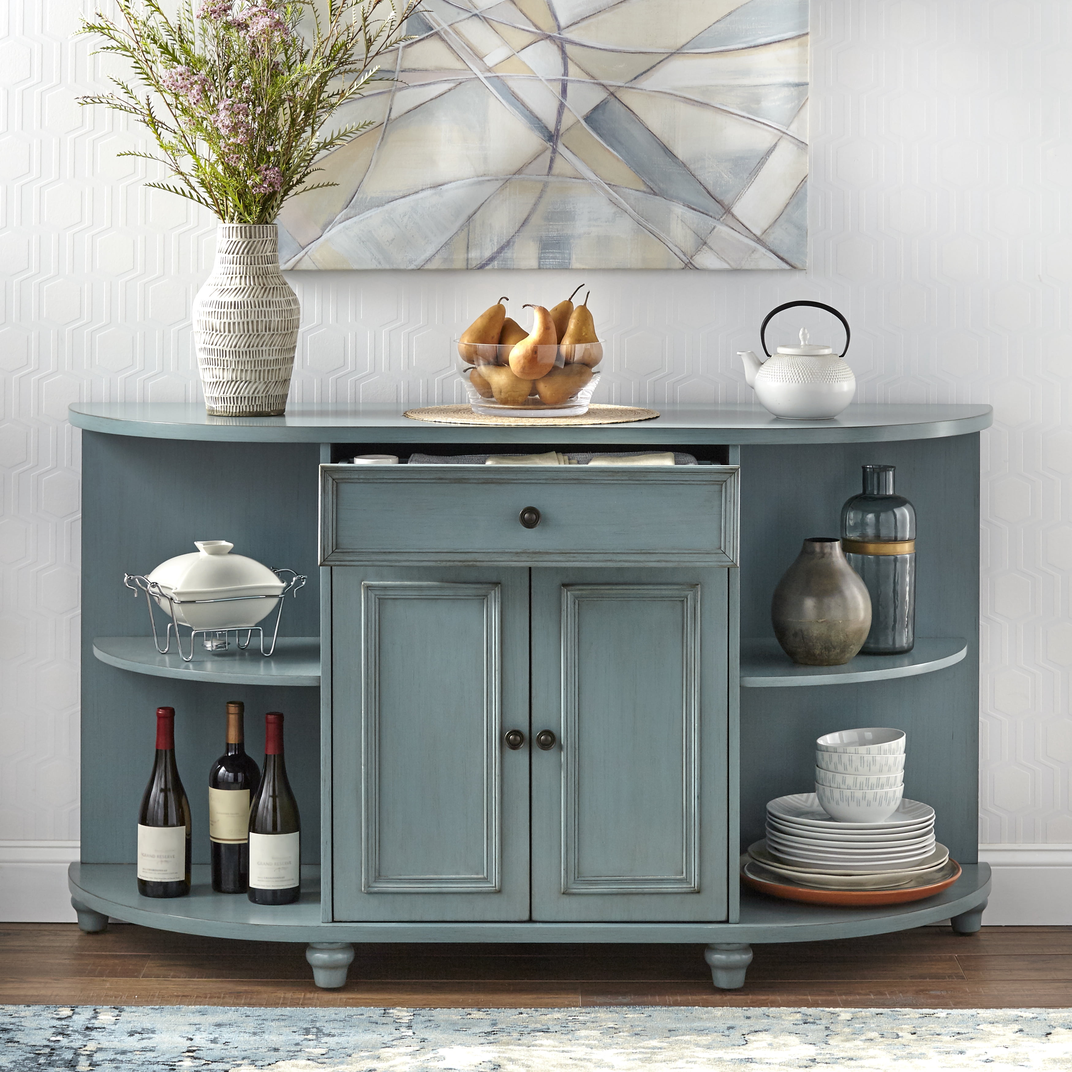 TMS Grace 60” Wide Open Shelf Farmhouse Kitchen/Dining Room Sideboard, Antique Blue