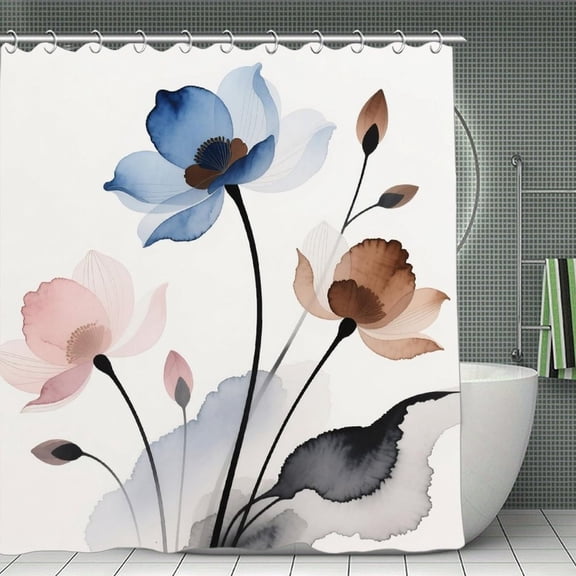 Brown Cream Grey Teal Floral Print Shower Curtain,Modern Fabric Waterproof Shower Curtain Set with Hooks 70.8×70.8Inch (180×180cm)