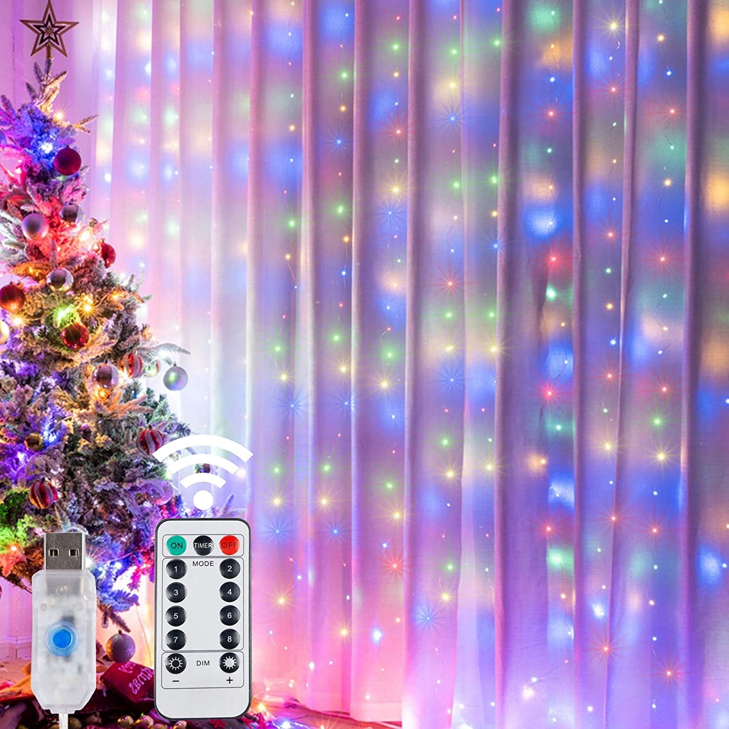 300 LED Curtain String Lights 8 Lighting Modes Multicolor USB Powered Xmas Decor 