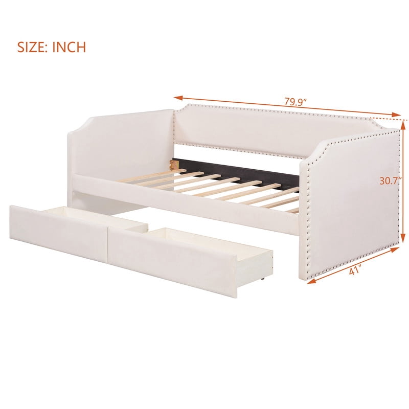 Twin Size Velvet Classic Daybed with 2 Drawers, Upholstered Sofa Bed Frame with Nailhead Trim, Multi-functional Platform Bed