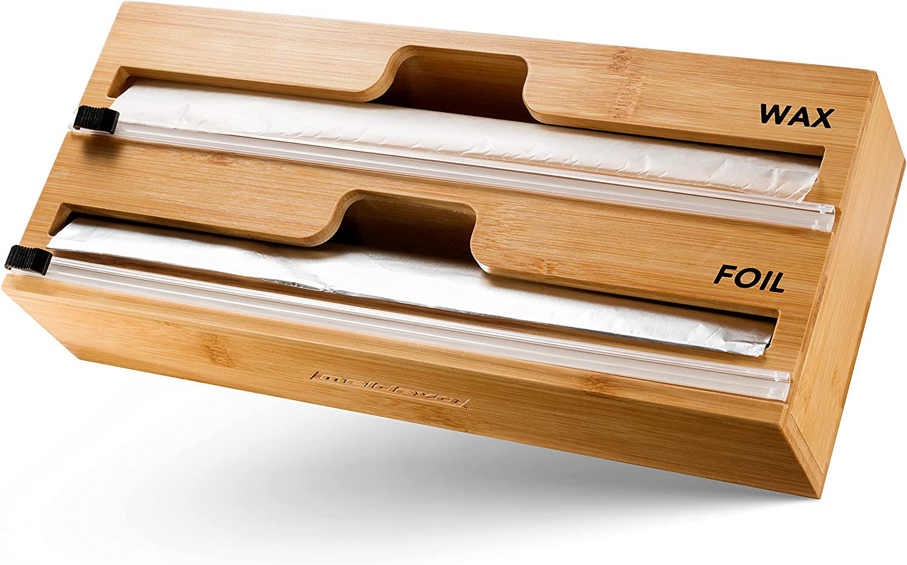 2-in-1 Bamboo Kitchen Wrap Dispenser With Slide Cutter - Organizes 12-inch Foil, Parchment & Plastic Wrap