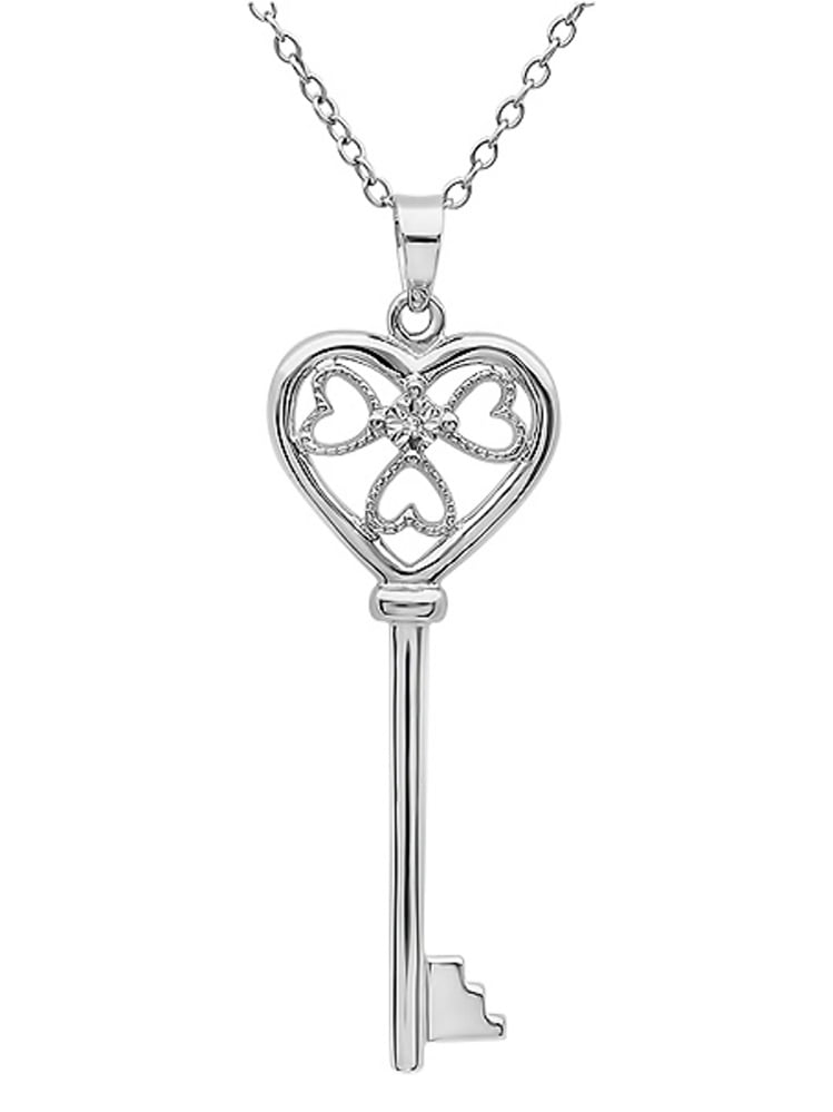 Amanda Rose Heart Shaped Diamond Key Pendant Necklace with Three