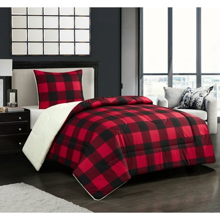 Super Soft Sherpa Comforter Set, Red Buffalo Plaid Twin Bedding