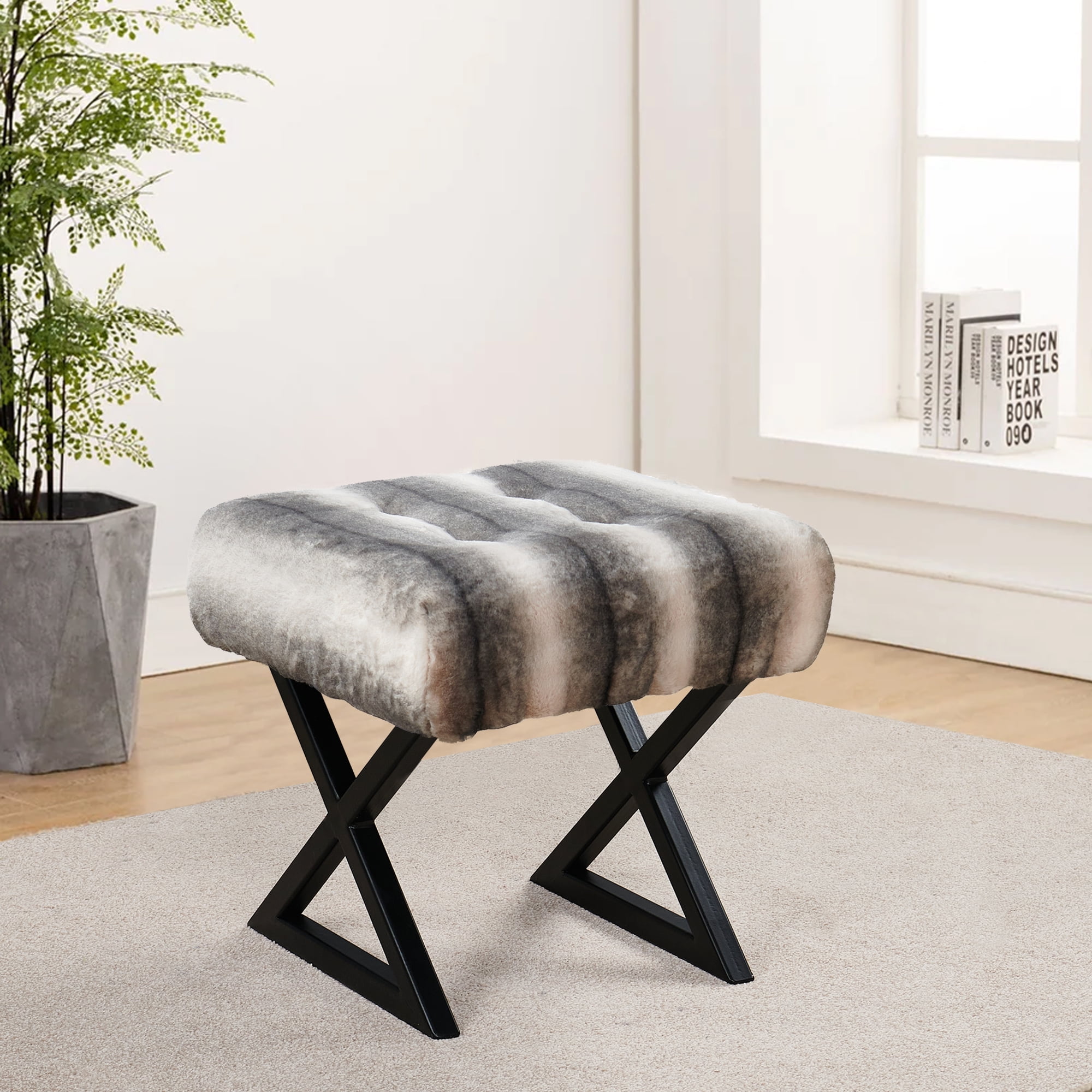 Home Soft Things Gray Raccoon Faux Fur Vanity Stool Ottoman 19x19x19