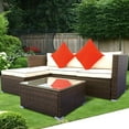 thumbnail image 2 of Rattan Wicker Sectional Sofa Set, 3 Piece Outdoor Patio Furniture Sets, 3-Seating Sofa, 1 Footstool & Coffee Table, Patio Conversation Sets for Backyard Lawn Bistro Garden, Gream Cushions, W10956, 2 of 11