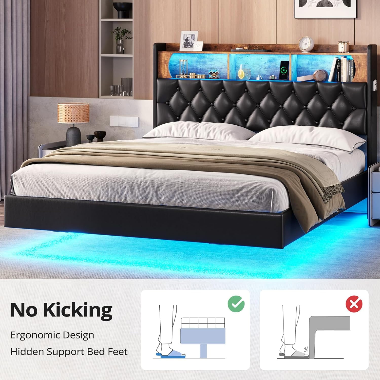 Queen Size Floating Bed Frame with LED Light&Charging Station, Upholstered Platform Bed with Storage Headboard, Linen Fabric, Noise-Free, Dark Grey