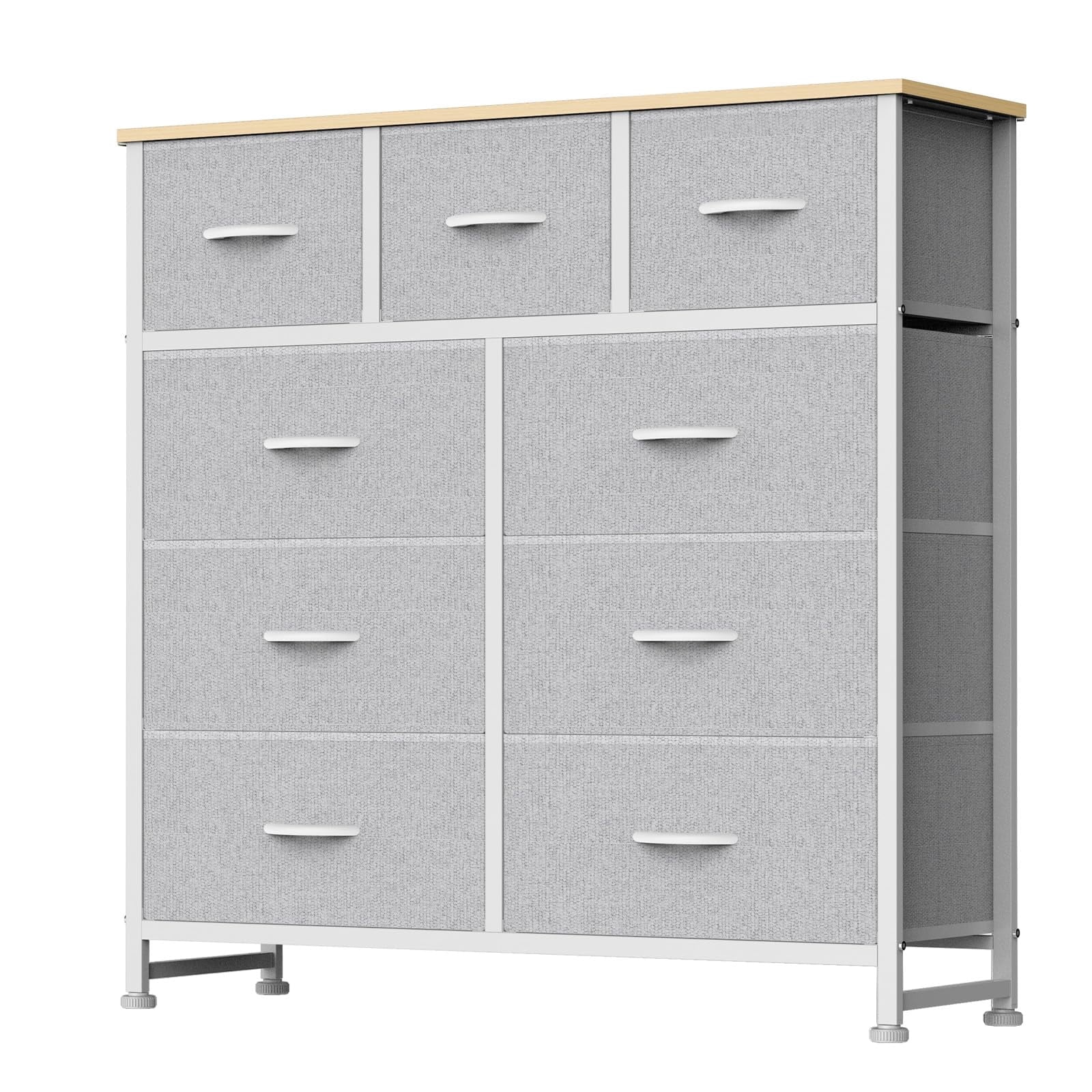 Telyra 9-Drawer Fabric Dresser Tall Storage Tower with Wood Top and Steel Frame Bedroom Closet Organizer, Light Gray