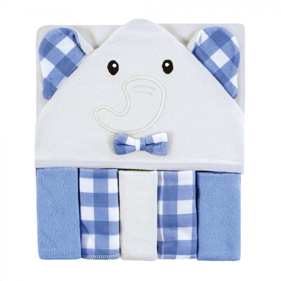 Hudson Baby Infant Boy Hooded Towel and Five Washcloths Set, Gingham Elephants, One Size