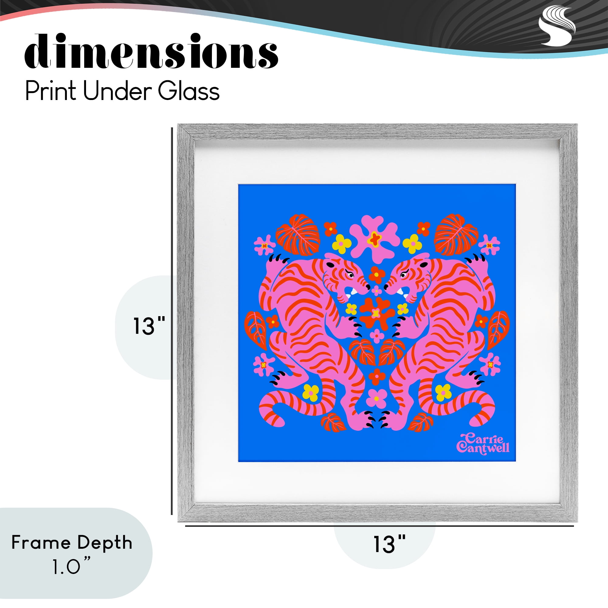 Stupell Industries Pink Tigers and Monstera Gray Framed Print Under Glass, design by Carrie Cantwell