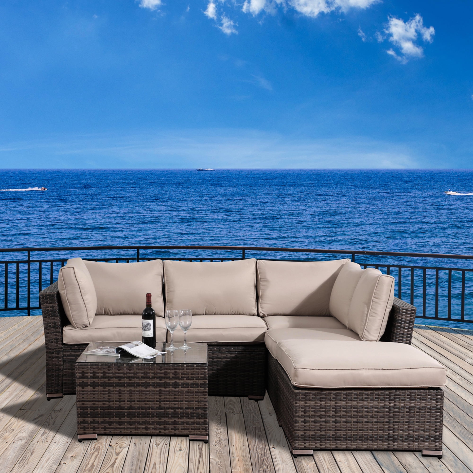 Outdoor Patio Furniture Sets, 4 Piece Ratten Wicker Sectional Sofa Set