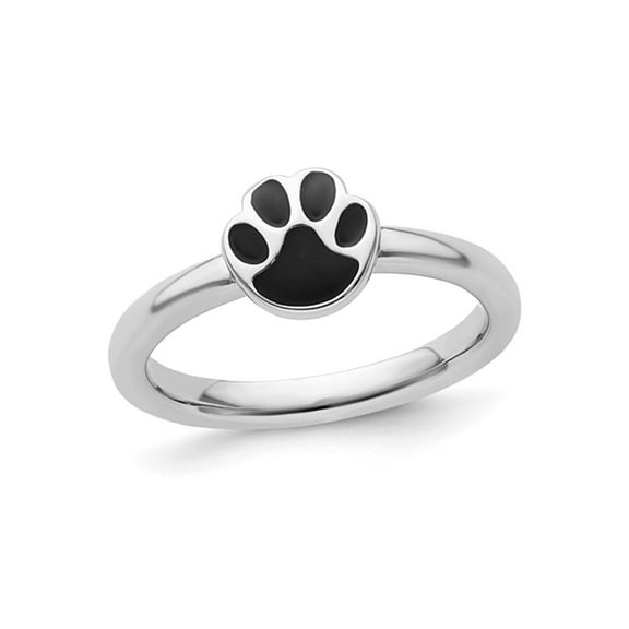 Gem & Harmony Sterling Silver Black Enamel Pawprint Ring for Women