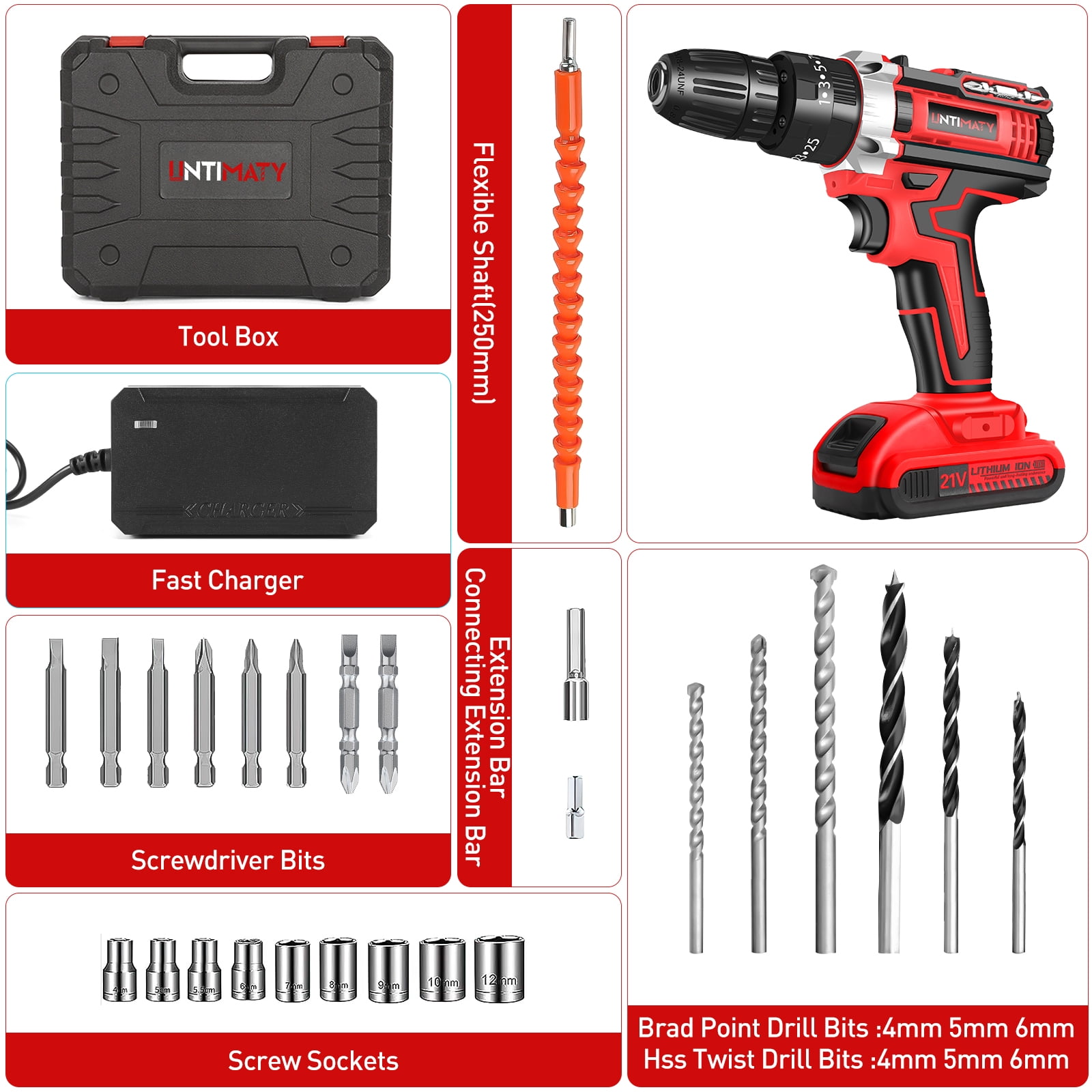 UNTIMATY 21V Cordless Power Drill Set, Power Drill Driver Kit with Lithium-Ion Battery and Charger, 3/8-Inch Keyless Chuck, 2 Variable Speed, 25+3 Position and 31pcs Drill/Driver Bits, Red