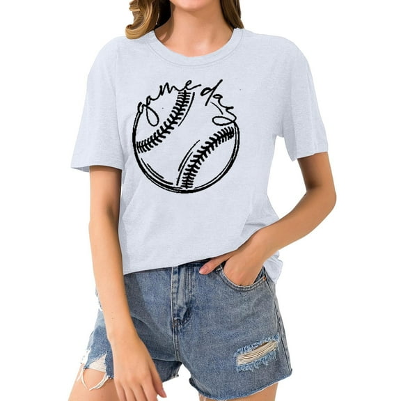 YHAJDS Women's T-shirts Baseball Print Short Sleeve Round Neck Casual Tee Sporty Top