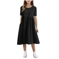 thumbnail image 2 of BRGZLK Kids Girls Summer Dresses Trendy Solid Color Short Sleeve Round Neck Imitation Linen Dress Flowy A-Line Dress Black 5-6 Years, 2 of 7