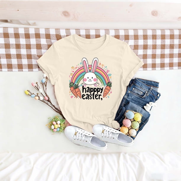 TaTaai Women's Casual Cotton T-Shirt Easter Printed Short Sleeve Crew Neck Loose Fit Summer Chic Top Daily Office Weekend Party Gift