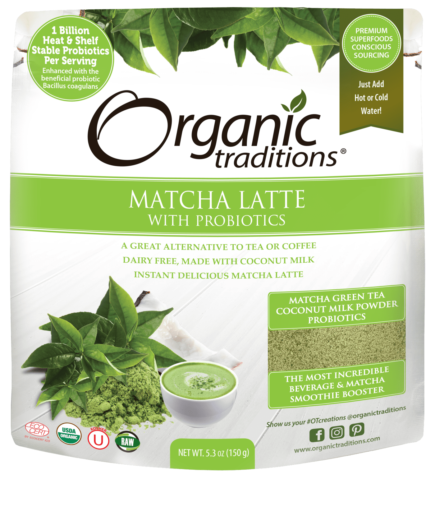Organic Traditions, Latte Matcha Powder with Probiotics 5.3oz