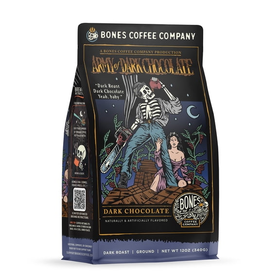 Bones Coffee Army of Dark Chocolate Flavored Dark Roast Ground Arabica Coffee, 12 oz Bag