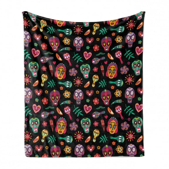 Day of the Dead Soft Flannel Fleece Throw Blanket, Repetitive Pattern with Mexican Colorful, Cozy Plush for Indoor and Outdoor Use, 50" x 60", Charcoal Grey Multicolor, by Ambesonne