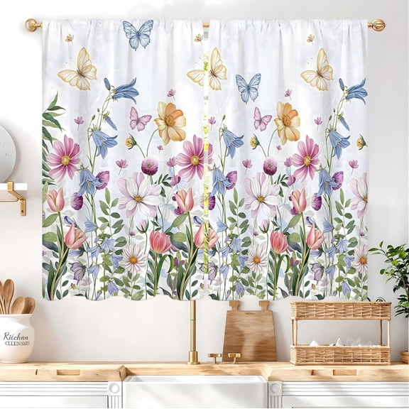 Watercolor Floral Spring Flower Window Curtain 28x40in Rod Pocket Colorful Wildflower Butterfly Summer Cute Leaves Window Drapes Treatment Living Room Bedroom Curtains Decor, 2 Panel