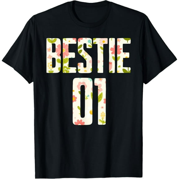 Bestie 1 Bestie 2 Matching Best Retro Flower Twinning Friend T-Shirt men and women can wear, black, white, gifts