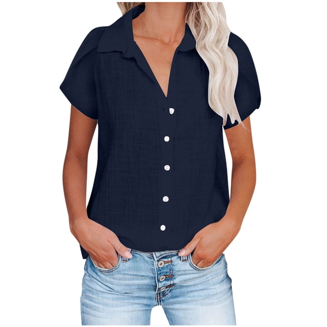Besolor Women's Button down Shirts Collared Ruffle Short Sleeve Summer Tops Solid Color Casual Blouses