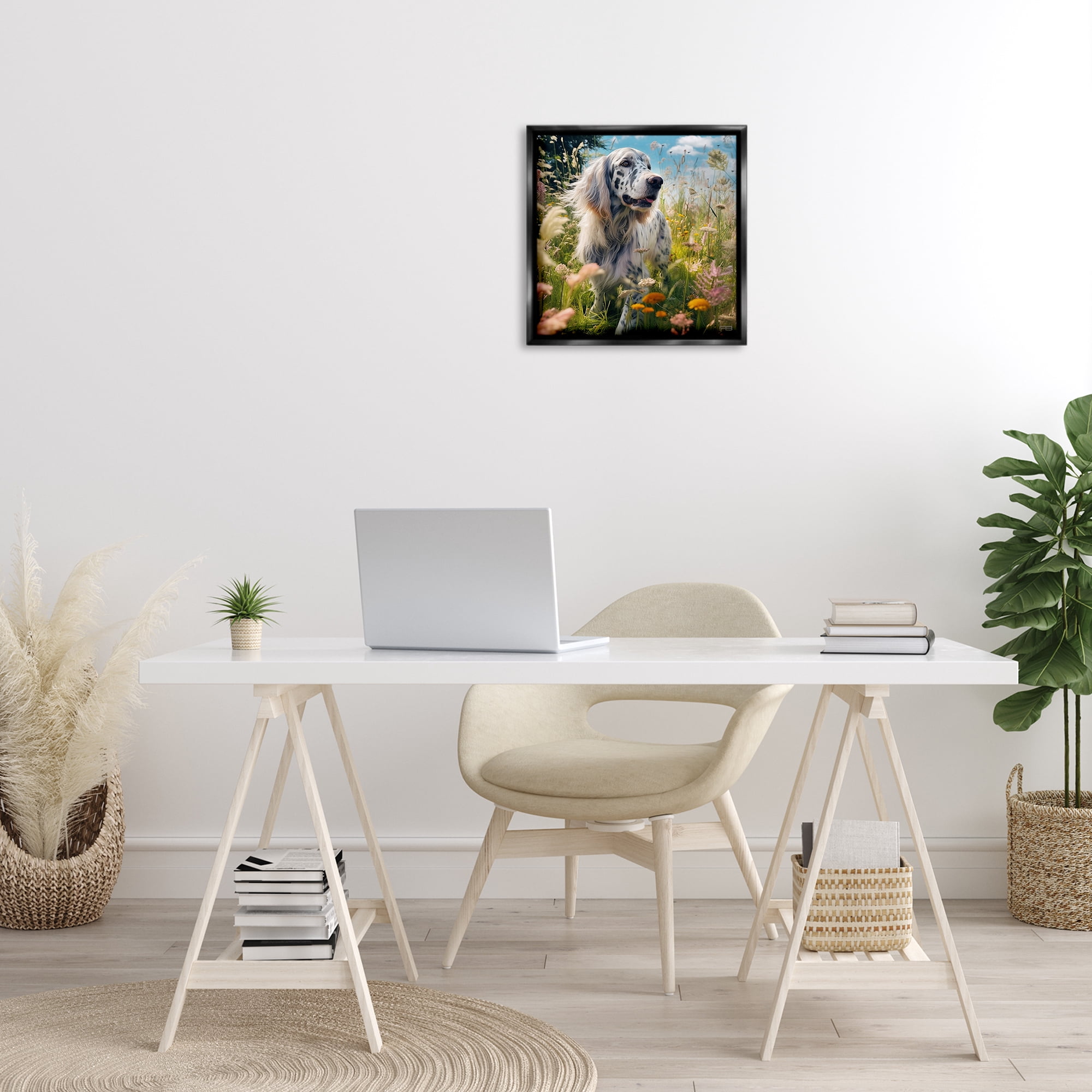 Stupell Industries Happy Dog Among Flowers Landscape Painting Black Floater Framed Canvas Art Print Wall Art, 18 x 18