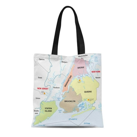 LADDKE Canvas Tote Bag Manhattan New York City Boroughs Map Brooklyn Queens Area Reusable Shoulder Grocery Shopping Bags