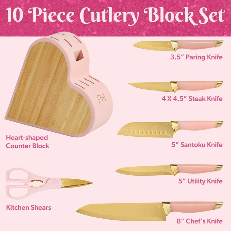 Paris Hilton 10-Piece Heart-Shaped Stainless Steel Knife Block Set, Pink