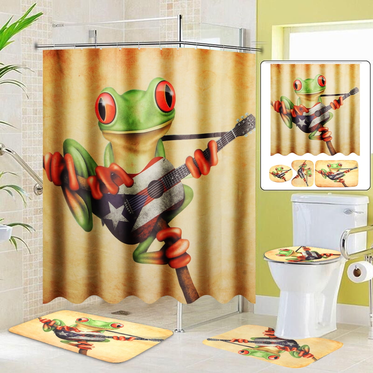 Cute Frogs Theme 71*71" Waterproof Fabric Shower Curtain Bathroom Mat 12 Hooks 