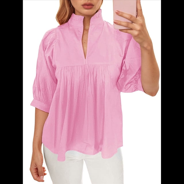 Blusa con Cuello en V y Mangas Abullonadas para Mujer, Estilo Babydoll, Peplum, Elegante, Informal, Plisada, Holgada. Rosa S