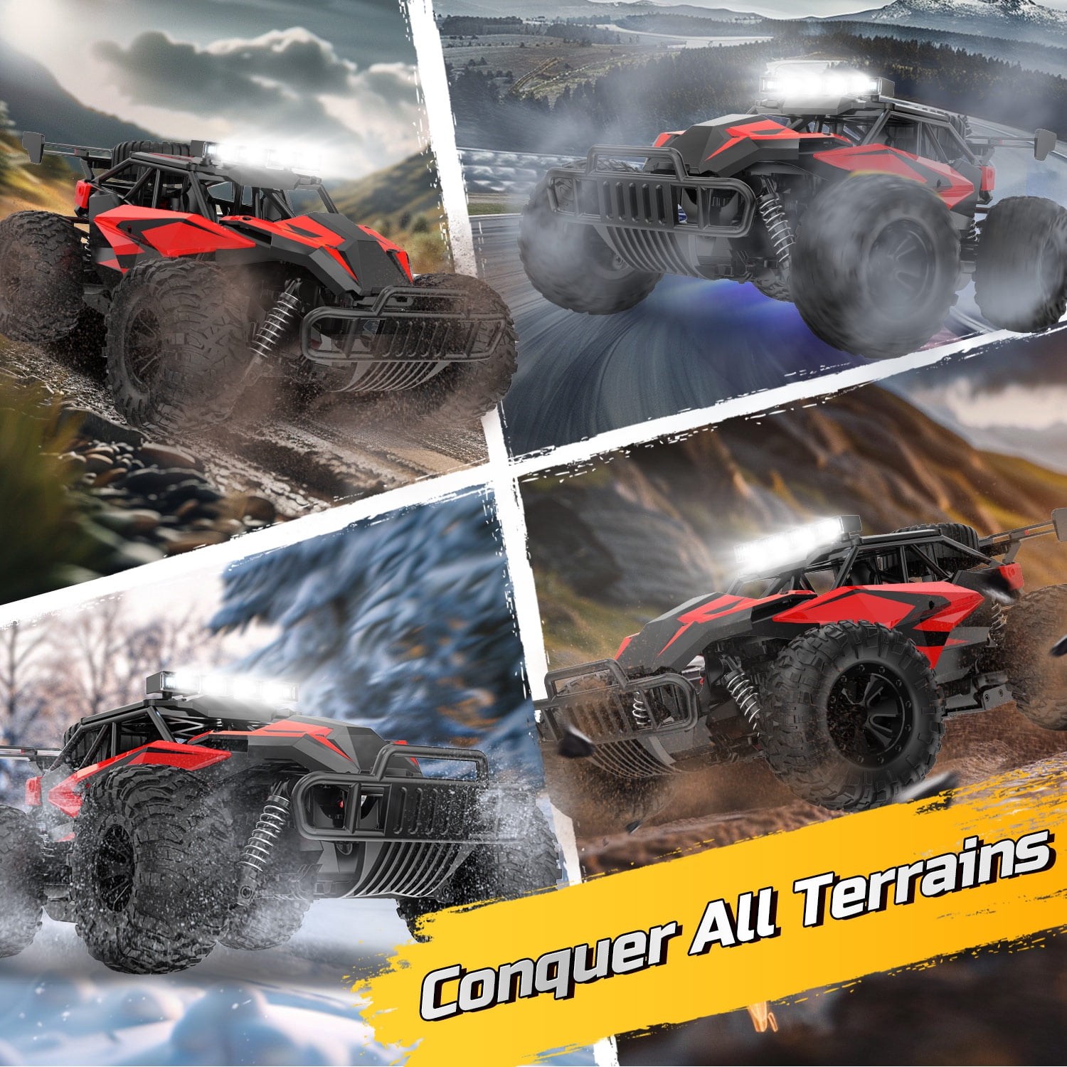 JoyStone RC Cars 1:14 Scale Remote Control Truck, 15+ mph High Speed Monster Truck with LED Headlights, Chassis Lights and 2 Batteries for Boys Kids, Red