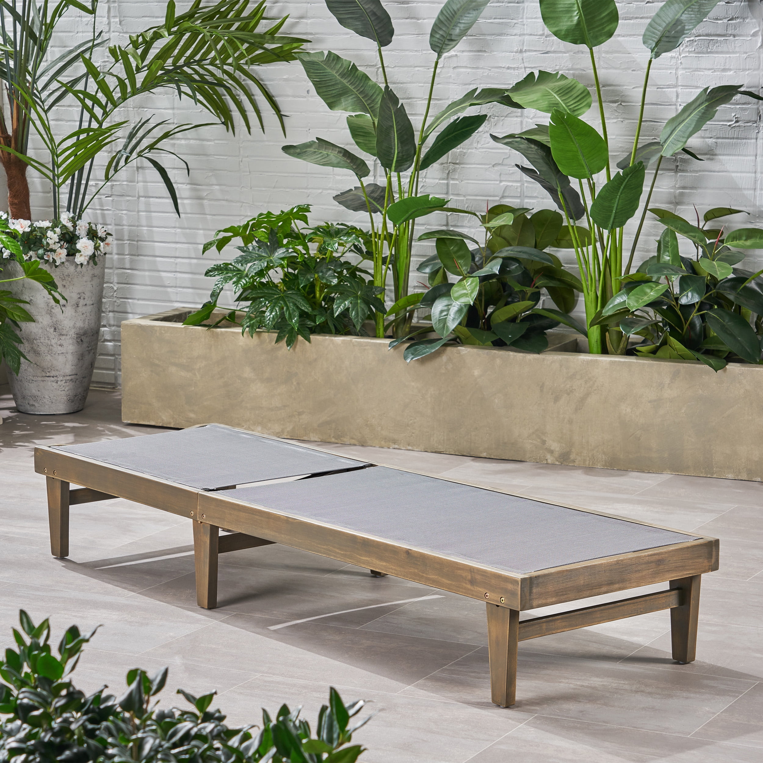Annalee Outdoor Acacia Wood Chaise Lounge, Grey, Dark Grey