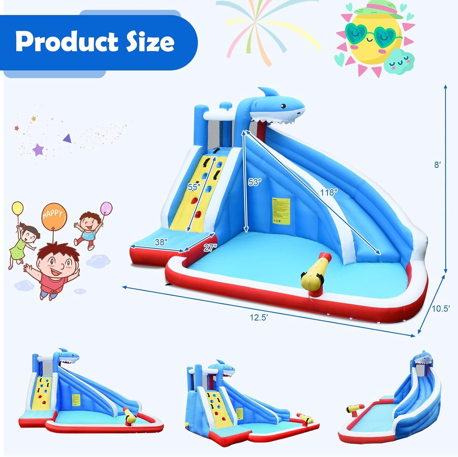 OLAKIDS Inflatable Water Slides, Bouncing House with Slide, Splash Pool, Climbing Wall, Water Blaster, Shark Themed Bouncer Castle Outdoor with Hose, Carry Bag, Blower