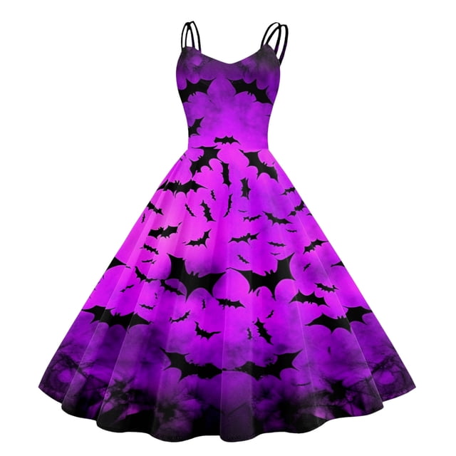 HNMKIU Femmes Halloween Imprimé Sans Manches Robe Rétro des Années 1950 pour Fête Bal Soirée Élégante Évasée Ligne A Tenue Violet,P