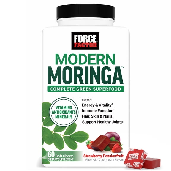 Force Factor Modern Moringa Soft Chews to Support Energy, Hair, Skin, Nails & Immune Health with Antioxidants, Minerals   B Vitamins & Vitamin D, Strawberry Passionfruit, 60 Soft Chews