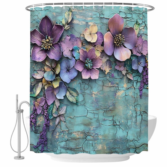 Purple Beige Flowers Bathroom Shower Curtains with Hooks, Vintage Teal Mottled Walls Plant Waterproof Fabric Washable Shower Curtain for Home Hotel Bathtub Decor 36x72 Inch