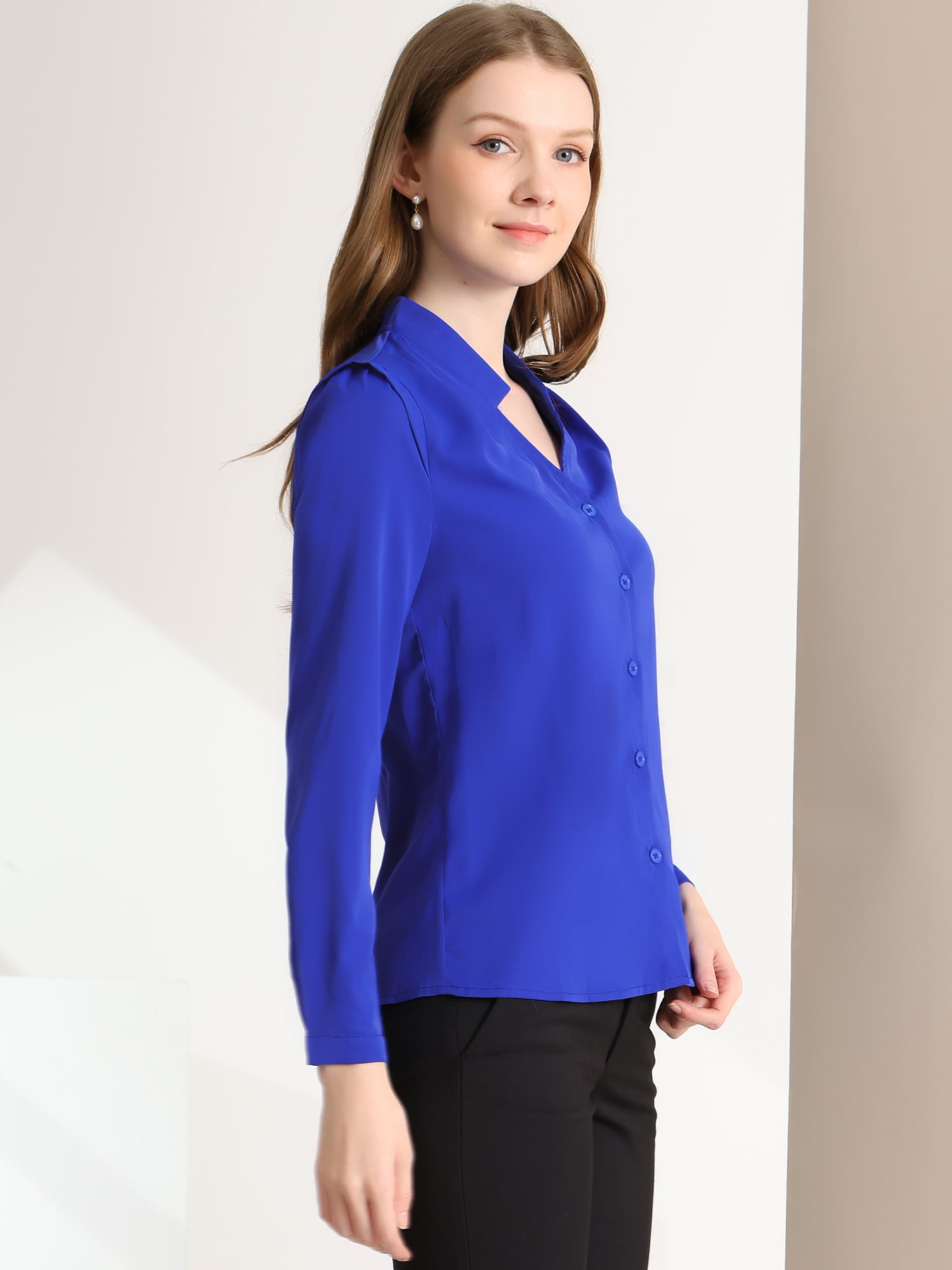 DARING DIVA Women's Elegant V Neck Long Sleeves Button Down Shirt XS Royal Blue