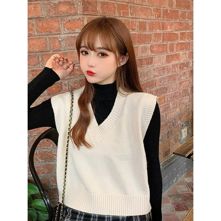 Women Knitted Cotton Crop Sweater Vest V-Neck Sleeveless Solid Pullover  Tank Top School Cardigan