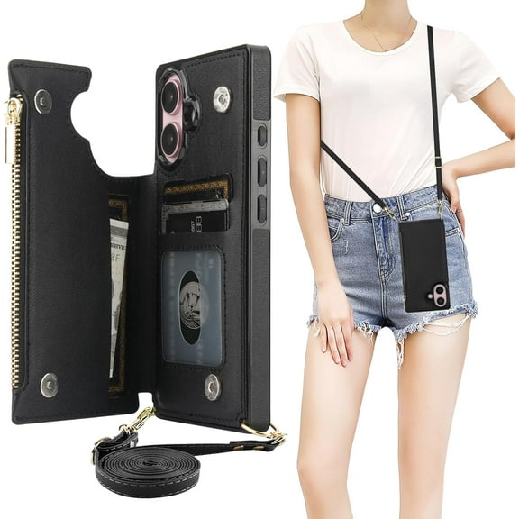 Crossbody Wallet Case for iPhone 16 with RFID Blocking Card Slot Holder, Magnetic Flip Folio Purse Case, PU Leather Zipper Handbag with Detachable Lanyard Strap 6.1 Inch 5G (Black)