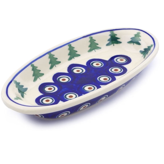 Polish Pottery 7¼-inch Condiment Dish (Peacock Pines Theme) Hand Painted in Boleslawiec, Poland   Certificate of Authenticity