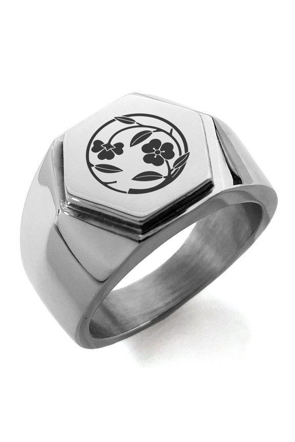 Stainless Steel Kawari Katabami Edamaru Kamon Crest Engraved Hexagon Crest Flat Top Biker Style Polished Ring