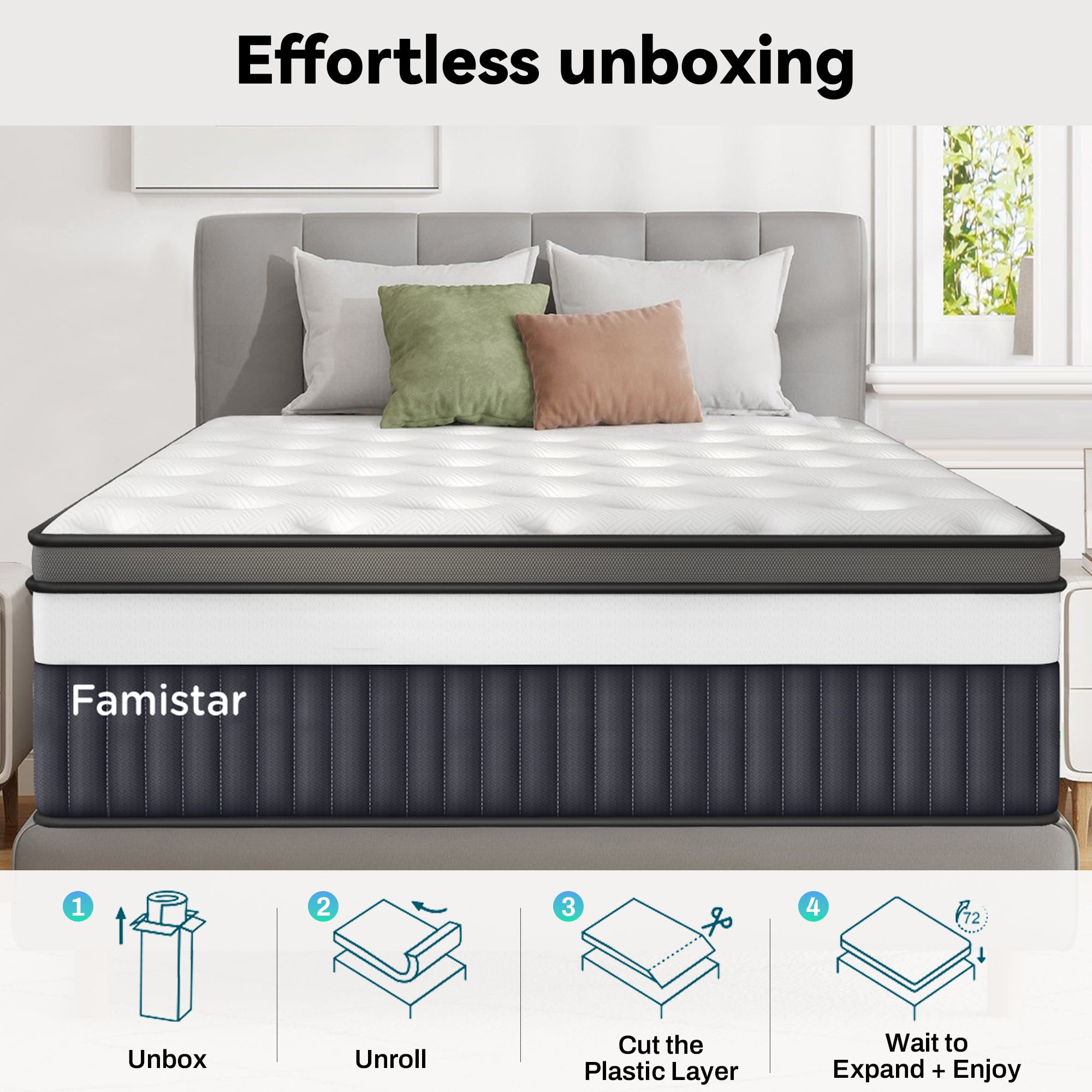 14In Queen Mattress In a Box, Breathable Mattress w/ Gel Memory Foam & Pocket Spring for Motion Isolation, Anti-pilling & Flame Retardant, Medium Firm, Pressure Relief, CertiPUR-US