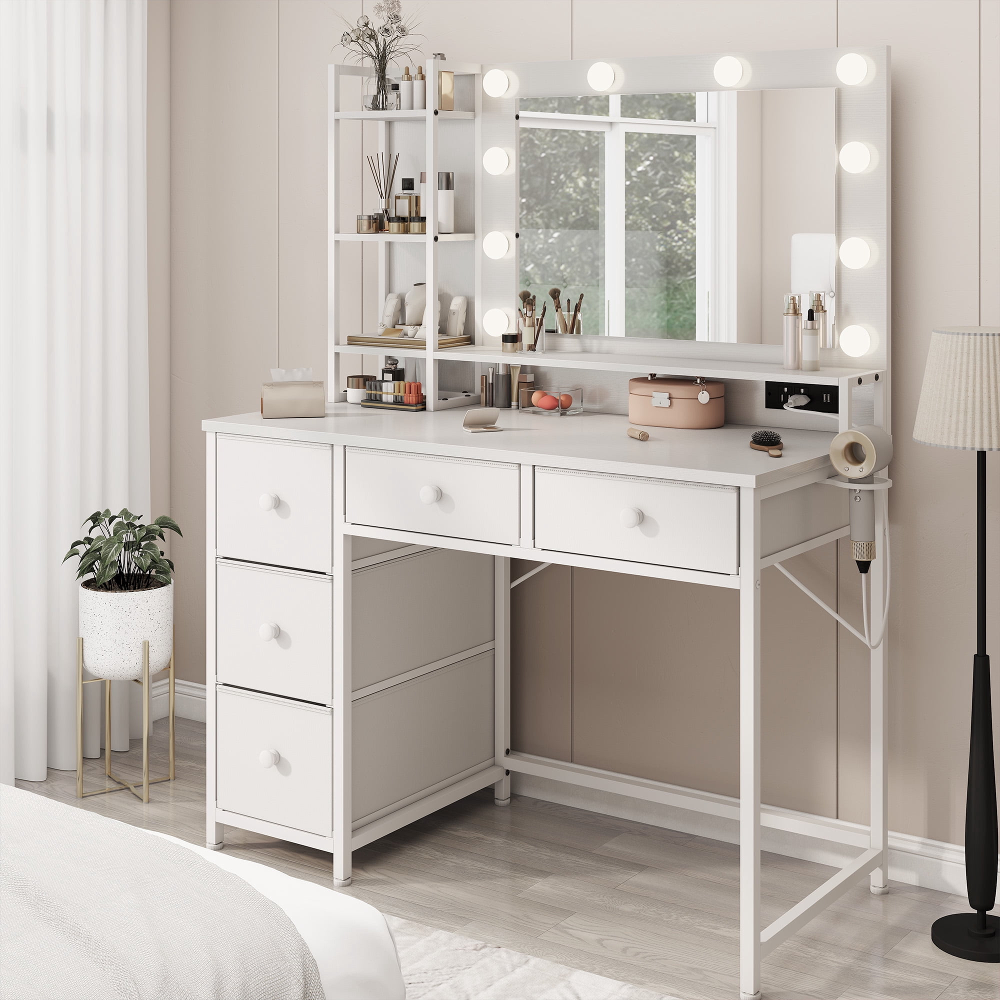 White Vanity with Mirror and Lights Makeup Vanity Desk with 5 Fabric Drawers Dressing Table with Storage Drawers for Bedroom